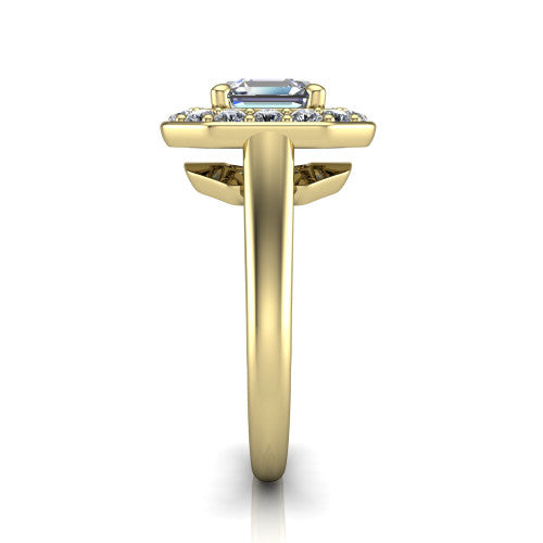 Makenna square emerald halo engagement ring in 14K Yellow Gold, side profile showing the plain polished band, cathedral rise, and the single halo in profile