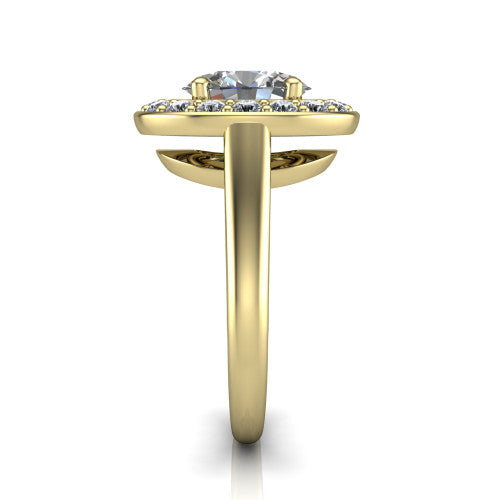 Makenna oval halo engagement ring in 18K Yellow Gold, side profile showing the plain polished band, cathedral rise, and the single halo in profile