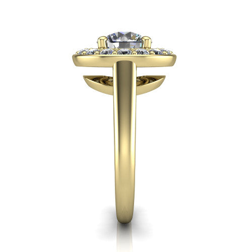 Makenna round halo engagement ring in 18K Yellow Gold, side profile showing the plain polished band, cathedral rise, and the single halo in profile