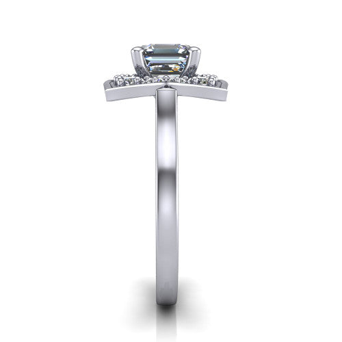 Salem square emerald floral halo engagement ring in Platinum, side profile showing the plain polished band and the vintage floral halo profile