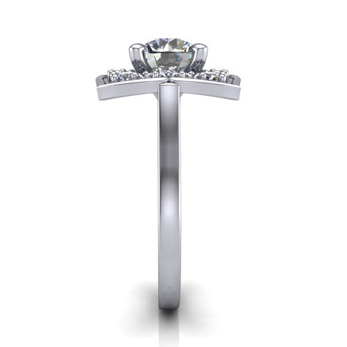 Salem round floral halo engagement ring in Platinum, side profile showing the plain polished band and the vintage floral halo profile