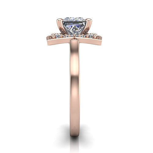 Salem princess floral halo engagement ring in 18K Rose Gold, side profile showing the plain polished band and the vintage floral halo profile