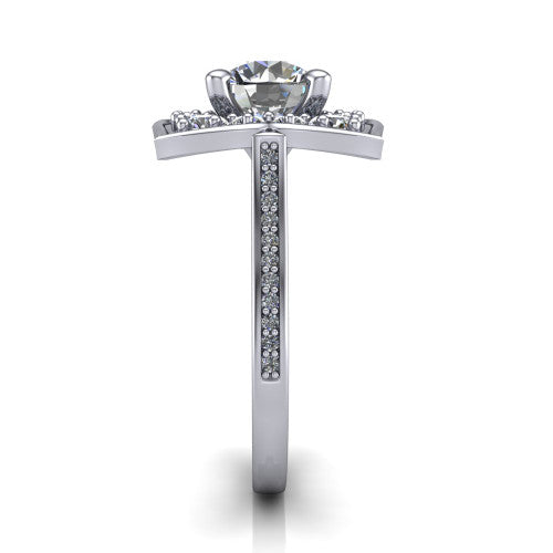 Allie round floral halo engagement ring in 14K White Gold, side profile showing the pavé band and the vintage floral halo profile