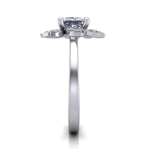 Alondra princess floral halo engagement ring in 18K White Gold, side profile showing the plain polished band and the floral halo profile