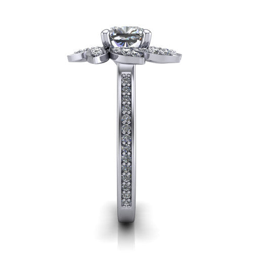 Aurelia cushion floral halo engagement ring in 18K White Gold, side profile showing the pavé band and the floral halo profile