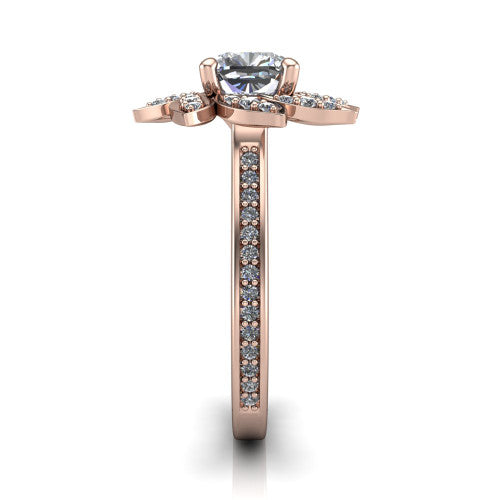 Aurelia cushion floral halo engagement ring in 18K Rose Gold, side profile showing the pavé band and the floral halo profile