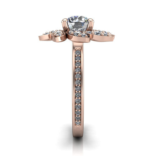 Aurelia round floral halo engagement ring in 14K Rose Gold, side profile showing the pavé band and the floral halo profile