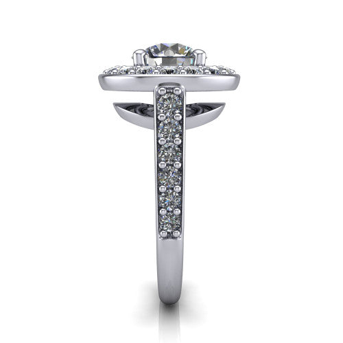 Gia round double halo engagement ring in 18K White Gold, side profile showing the pavé running down the band and the open gallery in profile