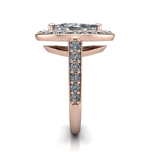 Gia marquise double halo engagement ring in 18K Rose Gold, side profile showing the pavé running down the band and the open gallery in profile