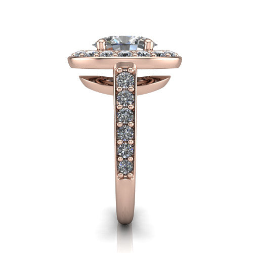 Gia oval double halo engagement ring in 18K Rose Gold, side profile showing the pavé running down the band and the open gallery in profile