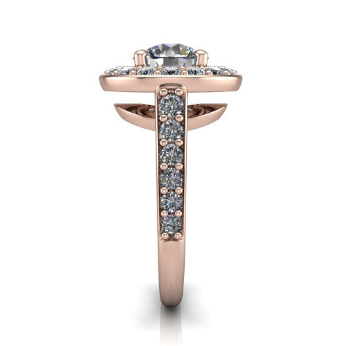 Gia round double halo engagement ring in 14K Rose Gold, side profile showing the pavé running down the band and the open gallery in profile