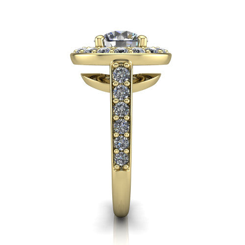 Gia round double halo engagement ring in 18K Yellow Gold, side profile showing the pavé running down the band and the open gallery in profile