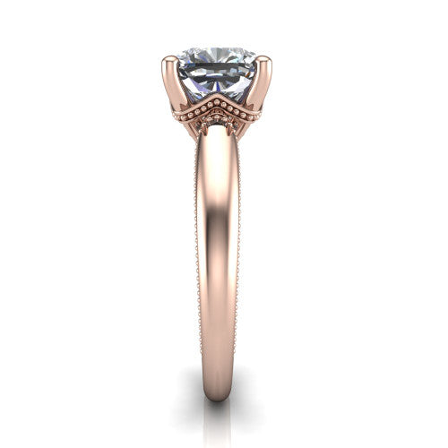 Laila cushion solitaire engagement ring in 14K Rose Gold, side profile showing the milgrain detailing running down the polished band in profile