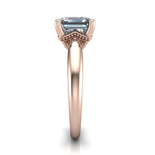 Laila square emerald solitaire engagement ring in 14K Rose Gold, side profile showing the milgrain detailing running down the polished band in profile