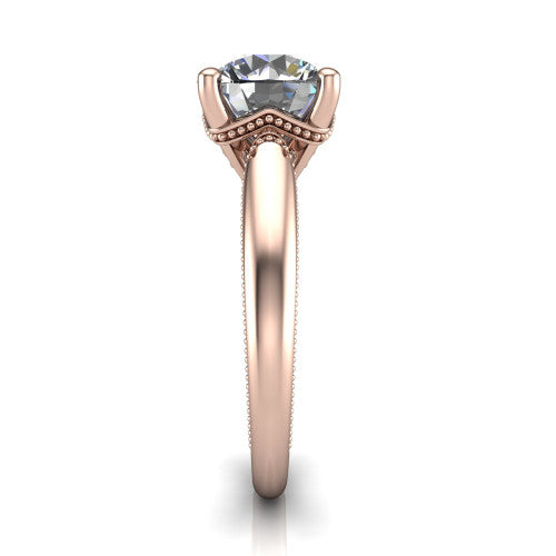 Laila round solitaire engagement ring in 18K Rose Gold, side profile showing the milgrain detailing running down the polished band in profile