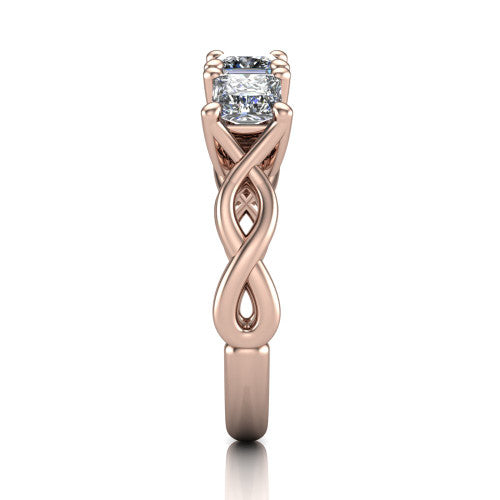 Aitana princess three stone engagement ring in 14K Rose Gold, side profile showing the plain polished band and the bar-set side stones in profile