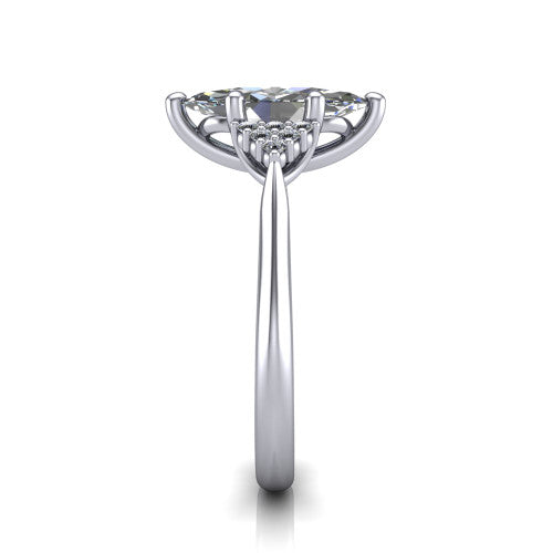 Raya marquise three stone engagement ring in 14K White Gold, side profile showing the slim milgrain cathedral band and the side clusters in profile