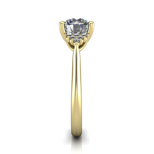 Raya round three stone engagement ring in 18K Yellow Gold, side profile showing the slim milgrain cathedral band and the side clusters in profile