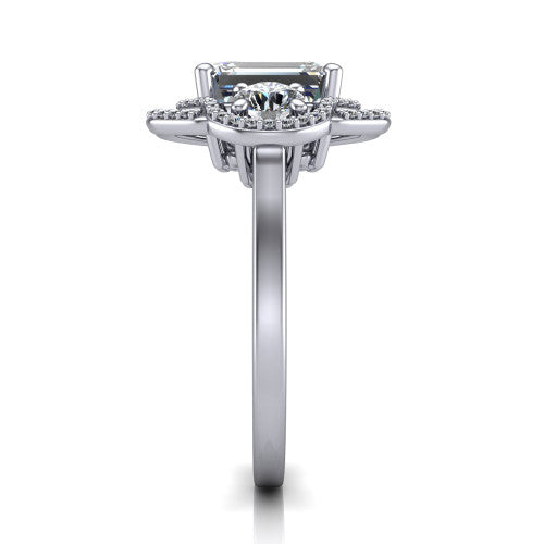 Elle emerald three stone halo engagement ring in 14K White Gold, side profile showing the open undergallery and the pavé halo scrollwork in profile
