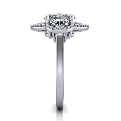 Elle oval three stone halo engagement ring in 14K White Gold, side profile showing the open undergallery and the pavé halo scrollwork in profile
