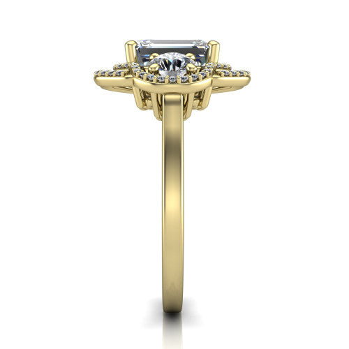Elle emerald three stone halo engagement ring in 18K Yellow Gold, side profile showing the open undergallery and the pavé halo scrollwork in profile