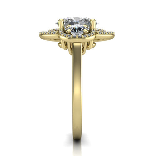 Elle oval three stone halo engagement ring in 18K Yellow Gold, side profile showing the open undergallery and the pavé halo scrollwork in profile