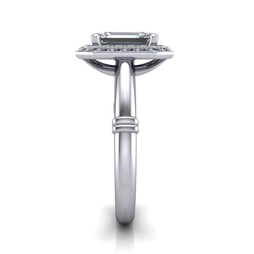 Miracle emerald halo engagement ring in 18K White Gold, side profile showing the split cathedral gallery cut-outs and the ribbed accent at the base