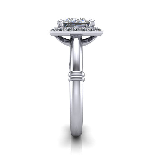 Miracle princess halo engagement ring in 14K White Gold, side profile showing the split cathedral gallery cut-outs and the ribbed accent at the base