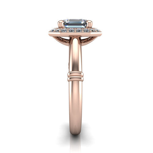 Miracle square emerald halo engagement ring in 18K Rose Gold, side profile showing the split cathedral gallery cut-outs and the ribbed accent at the base