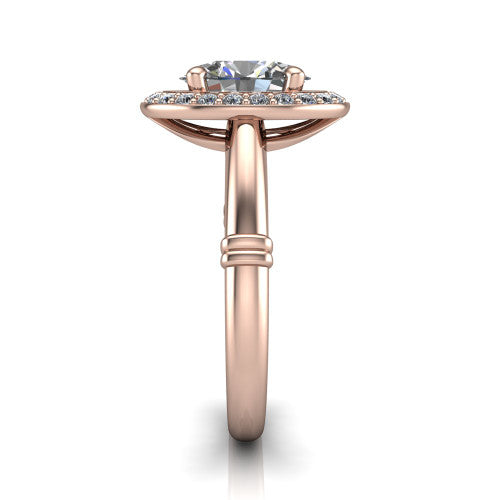Miracle oval halo engagement ring in 18K Rose Gold, side profile showing the split cathedral gallery cut-outs and the ribbed accent at the base
