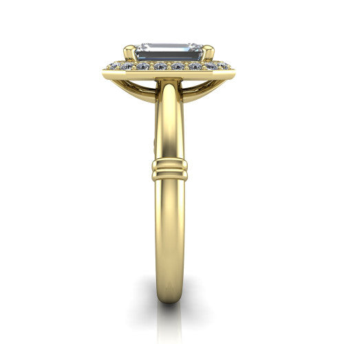 Miracle emerald halo engagement ring in 18K Yellow Gold, side profile showing the split cathedral gallery cut-outs and the ribbed accent at the base