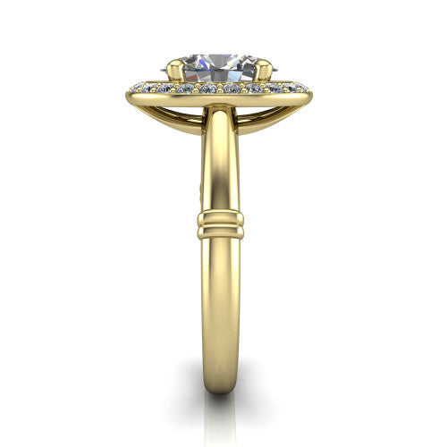 Miracle oval halo engagement ring in 14K Yellow Gold, side profile showing the split cathedral gallery cut-outs and the ribbed accent at the base