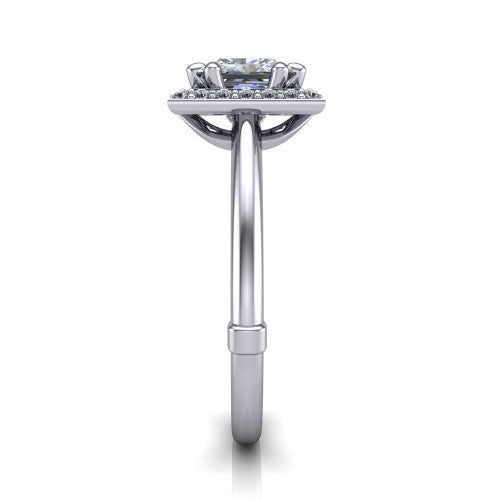 Journey princess halo engagement ring in 14K White Gold, side profile showing the open cathedral under-gallery and the plain polished shank