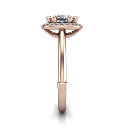Journey cushion halo engagement ring in 18K Rose Gold, side profile showing the open cathedral under-gallery and the plain polished shank