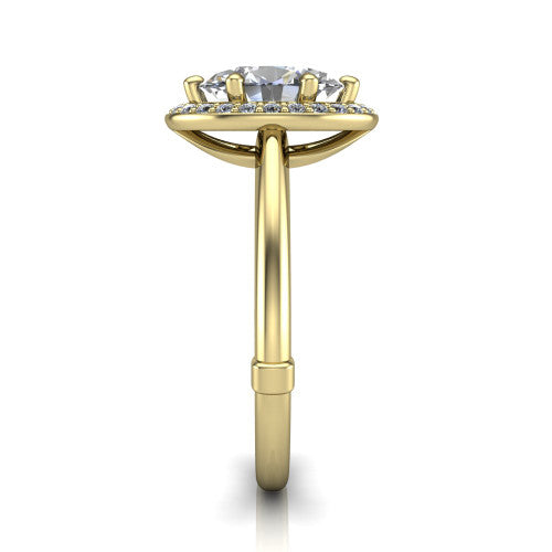 Journey oval halo engagement ring in 18K Yellow Gold, side profile showing the open cathedral under-gallery and the plain polished shank