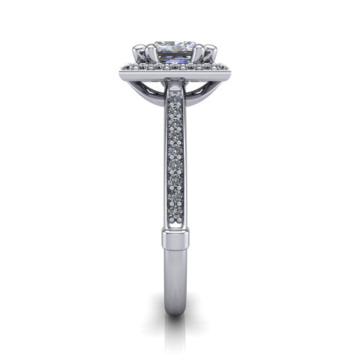 Alessandra princess halo engagement ring in 14K White Gold, side profile showing the pavé running down the band and the open cathedral gallery