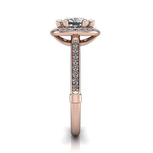 Alessandra cushion halo engagement ring in 14K Rose Gold, side profile showing the pavé running down the band and the open cathedral gallery