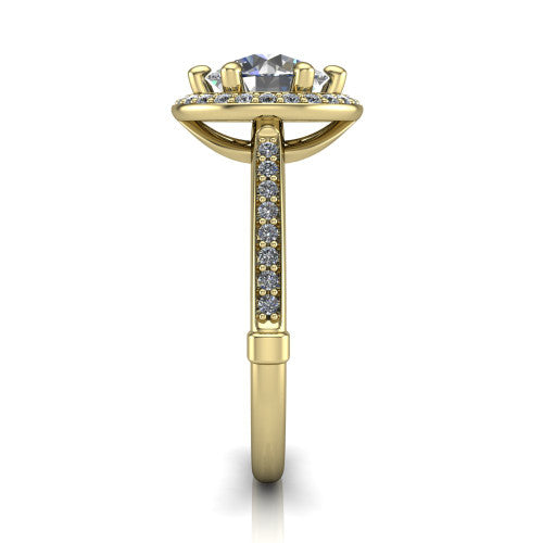 Alessandra round halo engagement ring in 18K Yellow Gold, side profile showing the pavé running down the band and the open cathedral gallery