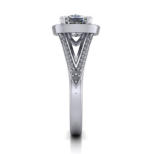 Antonella cushion halo engagement ring in 14K White Gold, side profile showing the open cathedral gallery and the diamonds running down the split shank