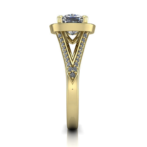 Antonella cushion halo engagement ring in 18K Yellow Gold, side profile showing the open cathedral gallery and the diamonds running down the split shank