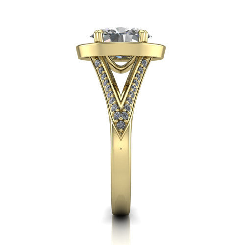 Antonella oval halo engagement ring in 18K Yellow Gold, side profile showing the open cathedral gallery and the diamonds running down the split shank