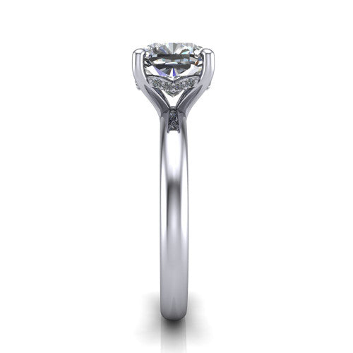 Ariel cushion classic engagement ring in Platinum, side profile showing the hidden halo under the head and the slim polished band
