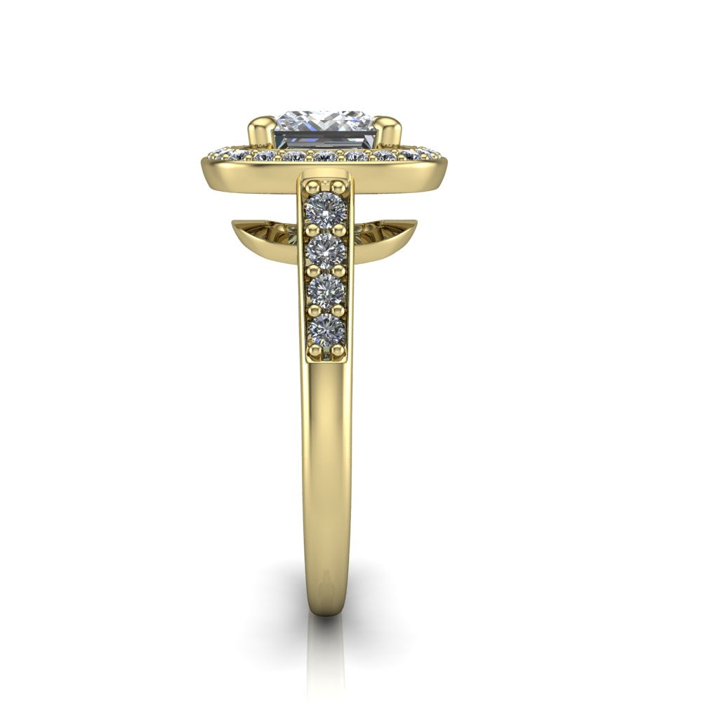 Leia princess halo engagement ring in 18K Yellow Gold, side profile showing the halo silhouette, cathedral gallery, and pavé-set shank