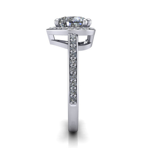 Skye heart halo engagement ring in 18K White Gold, side profile showing the pavé-lined under-basket and the diamonds running down the shank