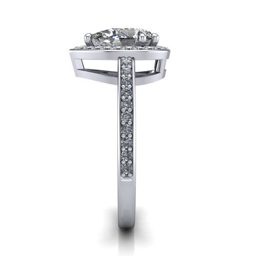 Skye pear halo engagement ring in 18K White Gold, side profile showing the pavé-lined under-basket and the diamonds running down the shank