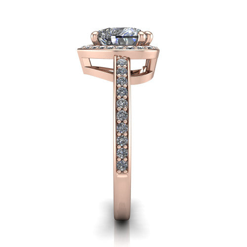 Skye heart halo engagement ring in 18K Rose Gold, side profile showing the pavé-lined under-basket and the diamonds running down the shank