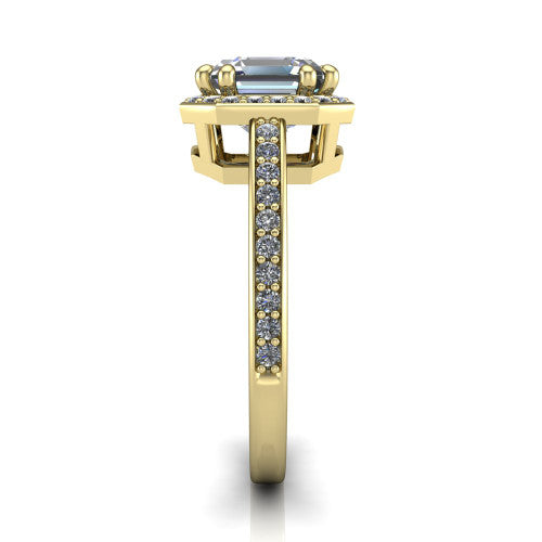 Skye asscher halo engagement ring in 18K Yellow Gold, side profile showing the pavé-lined under-basket and the diamonds running down the shank