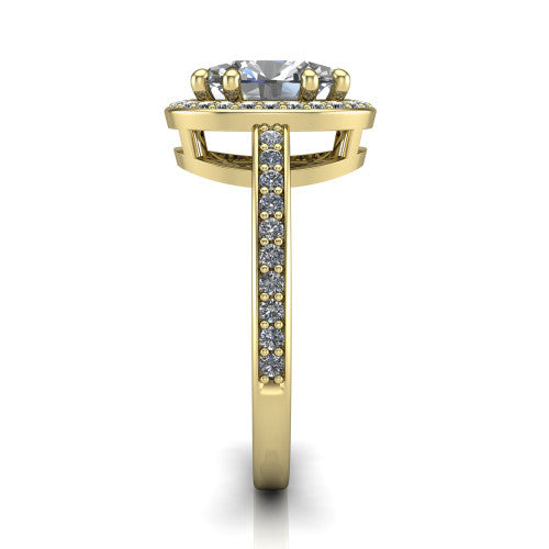 Skye oval halo engagement ring in 14K Yellow Gold, side profile showing the pavé-lined under-basket and the diamonds running down the shank
