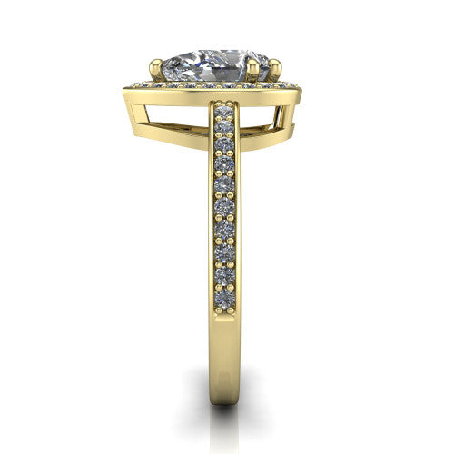 Skye pear halo engagement ring in 14K Yellow Gold, side profile showing the pavé-lined under-basket and the diamonds running down the shank