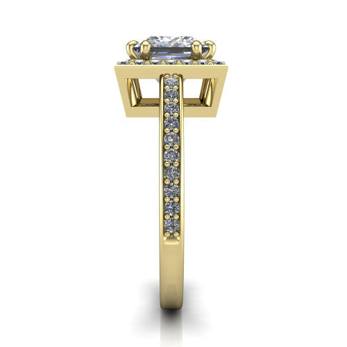 Skye princess halo engagement ring in 18K Yellow Gold, side profile showing the pavé-lined under-basket and the diamonds running down the shank